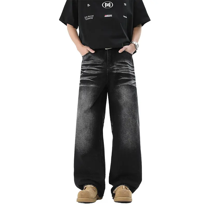 American Retro Washed Blue Jeans for Men Spring Summer New Loose Straight Wide Leg Pants Casual Versatile Sports Long Pants