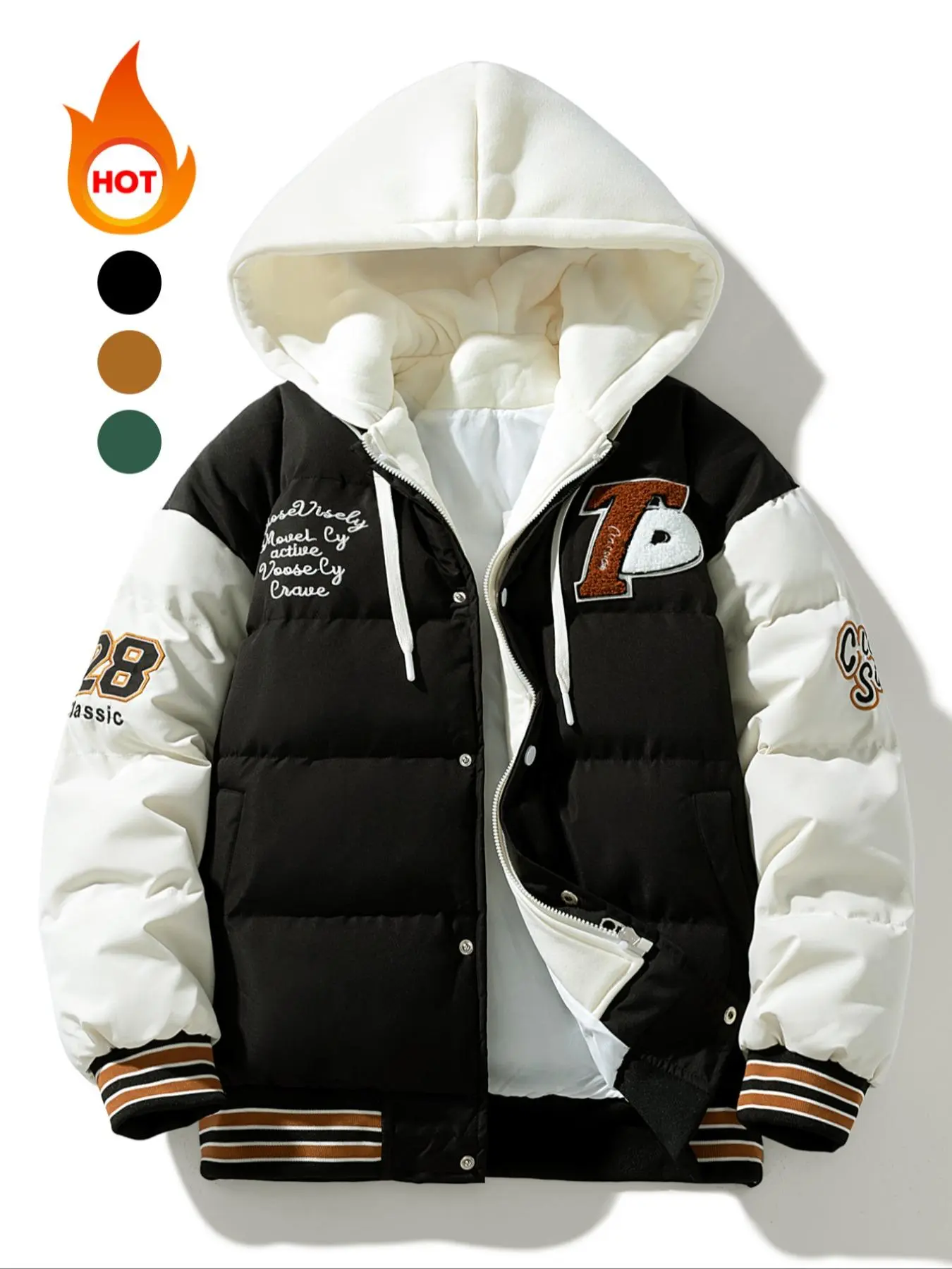 Men's Colorblock Letter Print Patched Drawstring Thick Hooded Jacket, Regular Fit Casual Long Sleeve Button Front Warm Outerwear for Fall & Winter, Men's Clothes for Daily Wear