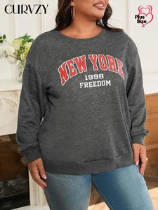 CURVZY Plus Size Letter Print Drop Shoulder Sweatshirt, Casual Long Sleeve Round Neck Pullover for Spring & Fall, Women's Clothing for Daily Wear