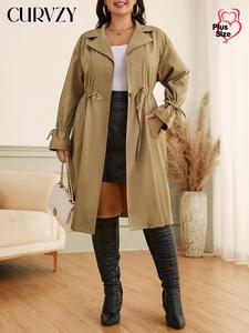 CURVZY Plus Size Solid Button Front Pocket Trench Coat, Casual Long Sleeve Lapel Neckline Drawstring Coat for Spring & Fall, Women's Clothes for Daily Wear
