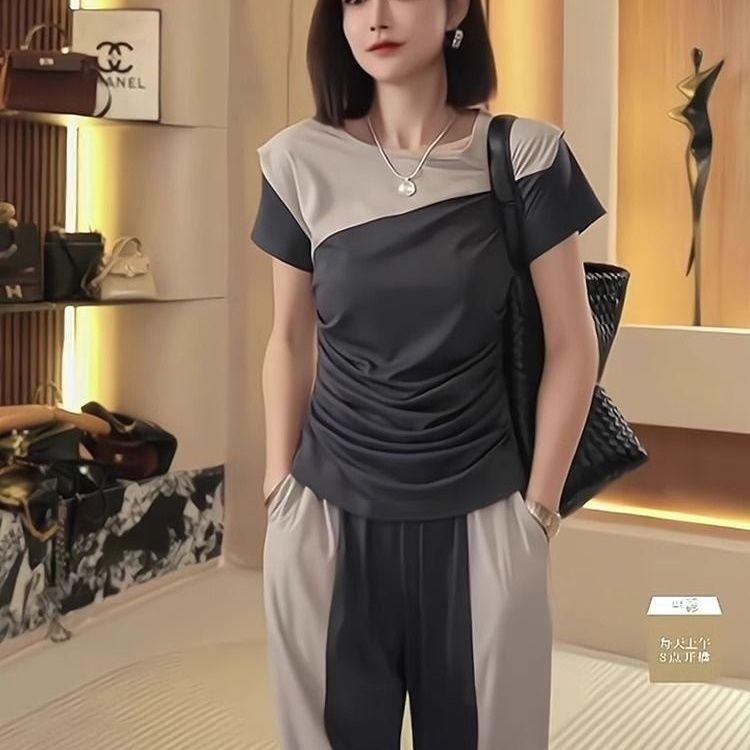 Product Introduction of Bộ Dễ Phối Đồ Đi Làm Chuyên Nghiệp, Bộ Hai Mảnh Áo Phông ngắn Tay Khối Màu Thời Trang Thường Ngày Quần Ống Rộng, Hàng Mới Về Mùa Hè 2025 7