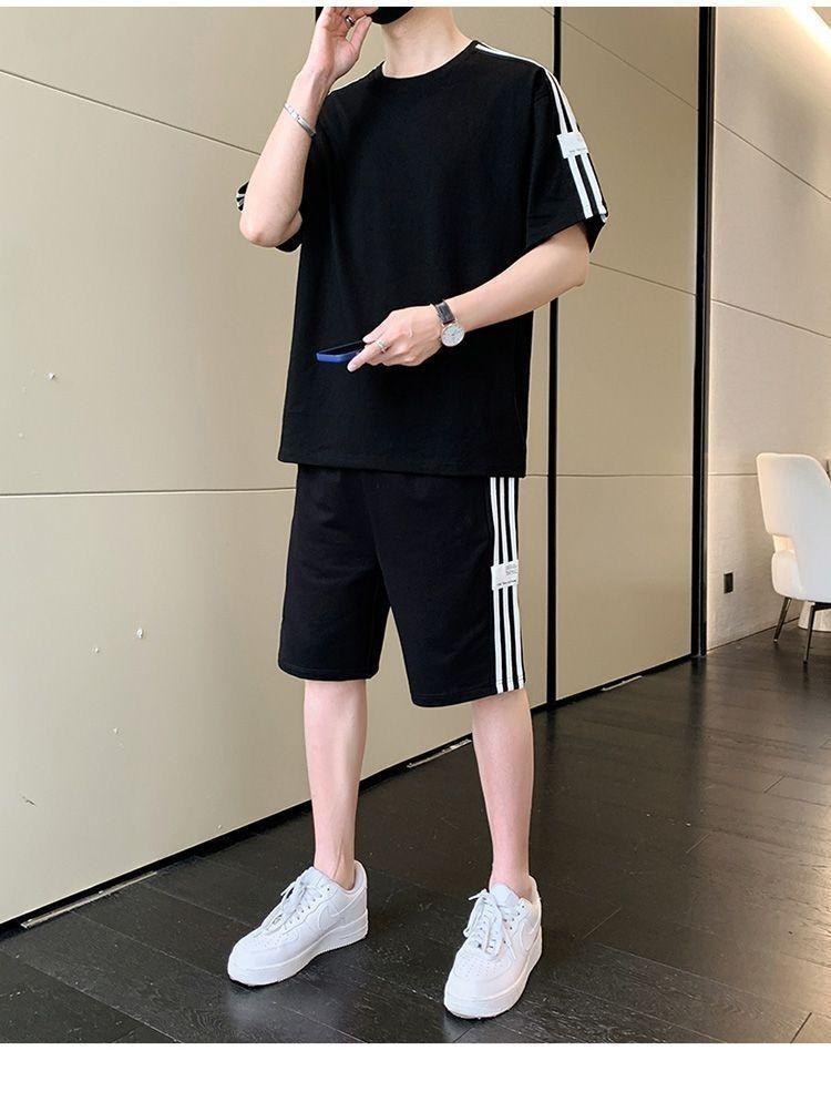 Product Introduction of Summer Men's Fashion Set Trendy Full Set Casual Loose Stylish Shorts Set One Complete Set with Three Stripes Sports 9