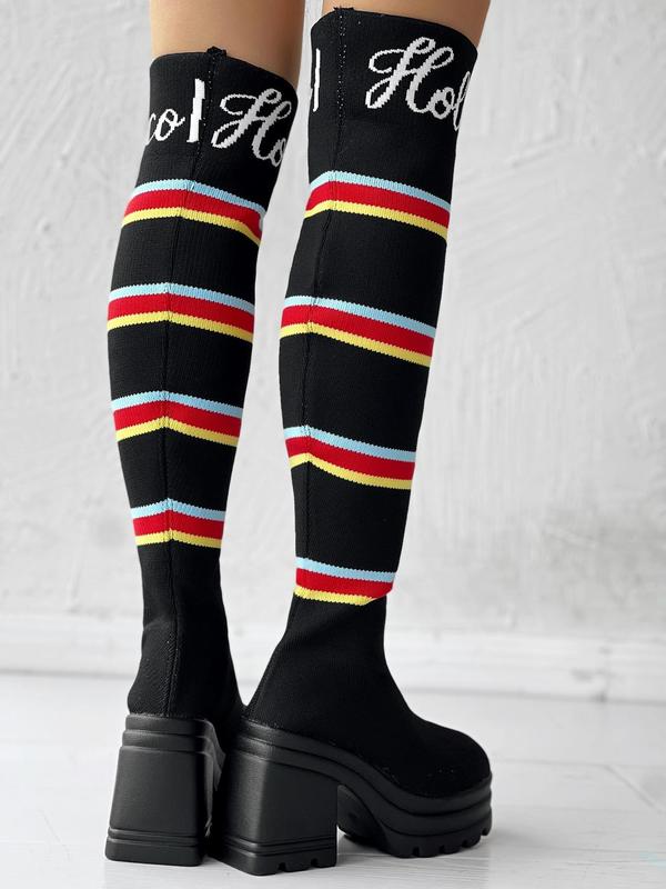 Women's Fashion Striped Print Over-the-knee Boots, Punk Style High Heel Boots for Fall & Winter, Trendy Letter Print Chunky Heel Boots 6