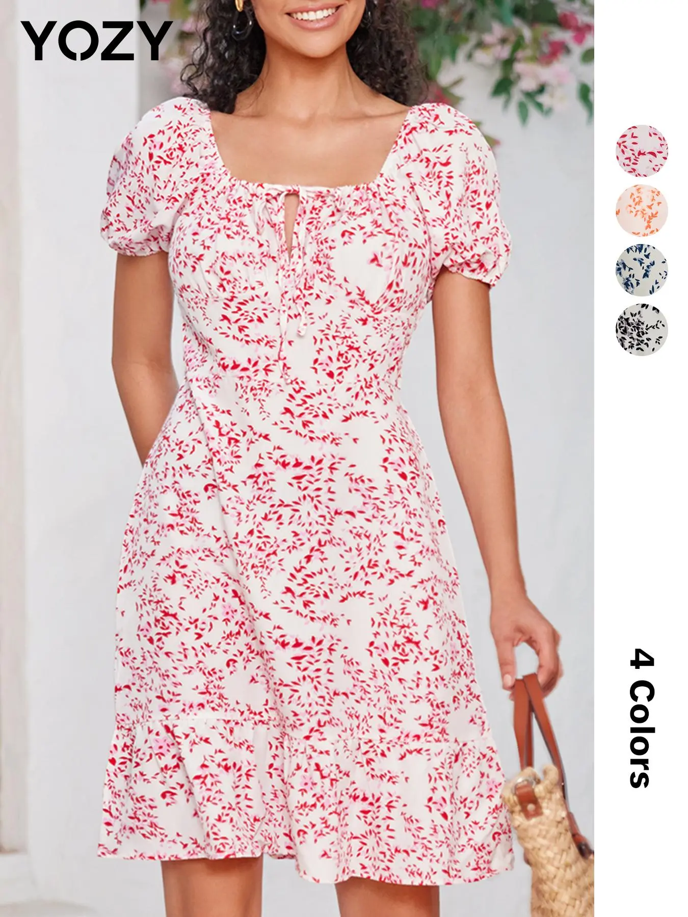 YOZY Ditsy Floral Print Puff Sleeve Dress/ Boho Ruffle Hem Tie Front Dress, Women's Holiday Beach Vacation for Spring & Summer