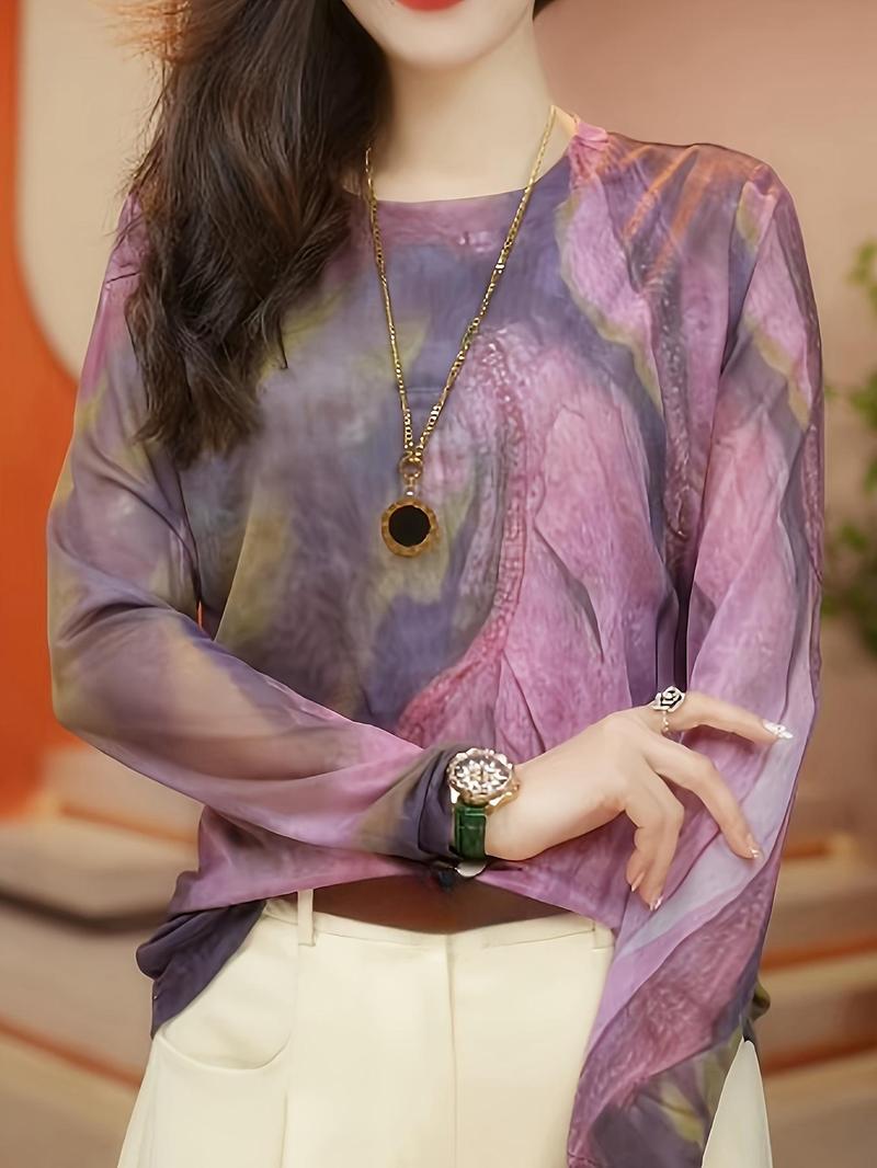 Product Introduction of Women's All Over Print Round Neck Tee, Elegant Casual Crew Neck Top for Spring & Fall, Women's Clothing for Daily Wear 5