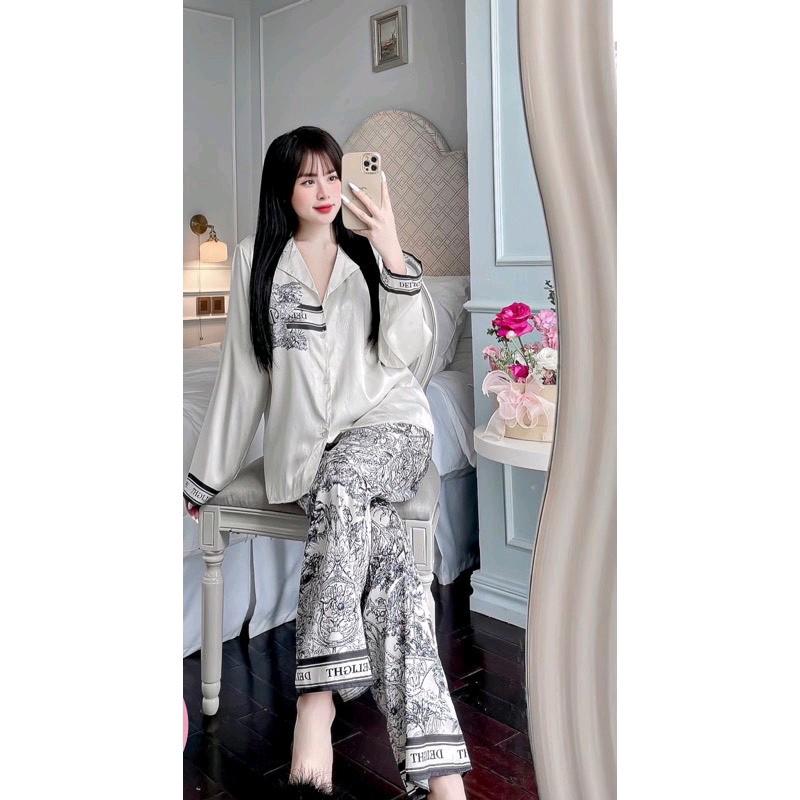 Pijama lụa tơ xước ánh kim cao cấp tay dài màu hồng kẹo ngọt chữ del - Pizama lụa tay dài Kim Tuyến 3