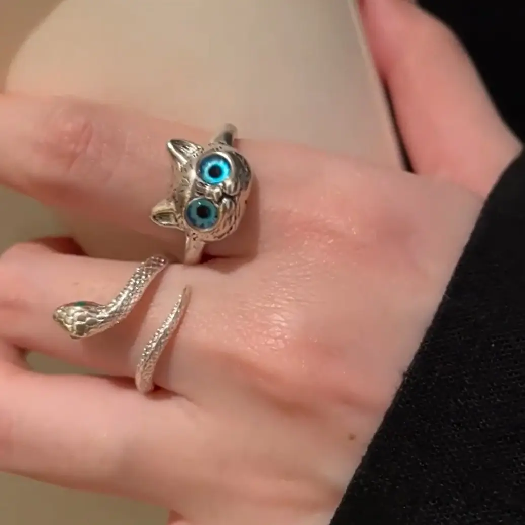Cat Simulated Snakes Ring Female Retro Personalized Cold Style Adjustable Index Finger Ring Blue Eyes Cartoon Open Ring