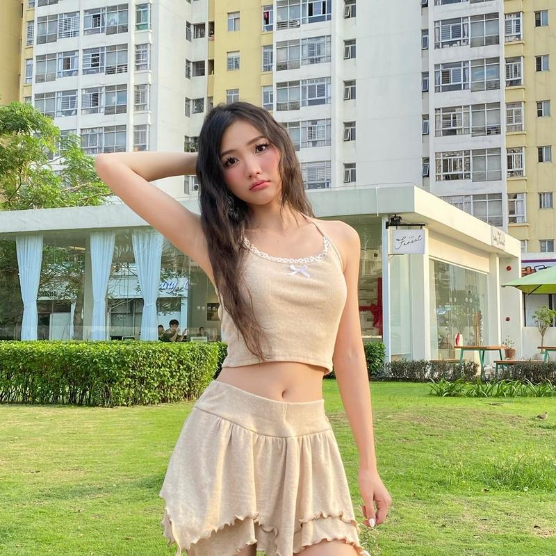 Set Áo Cột Đính Nơ Váy Cạp Trễ Y2K 2 Món Thun Gân Trơn Nữ Women 4