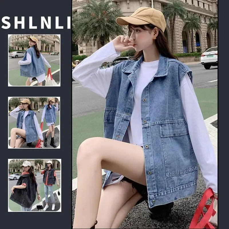 Retro Denim Vest for Women Sleeveless Loose Casual Denim Jacket in Spring and Autumn