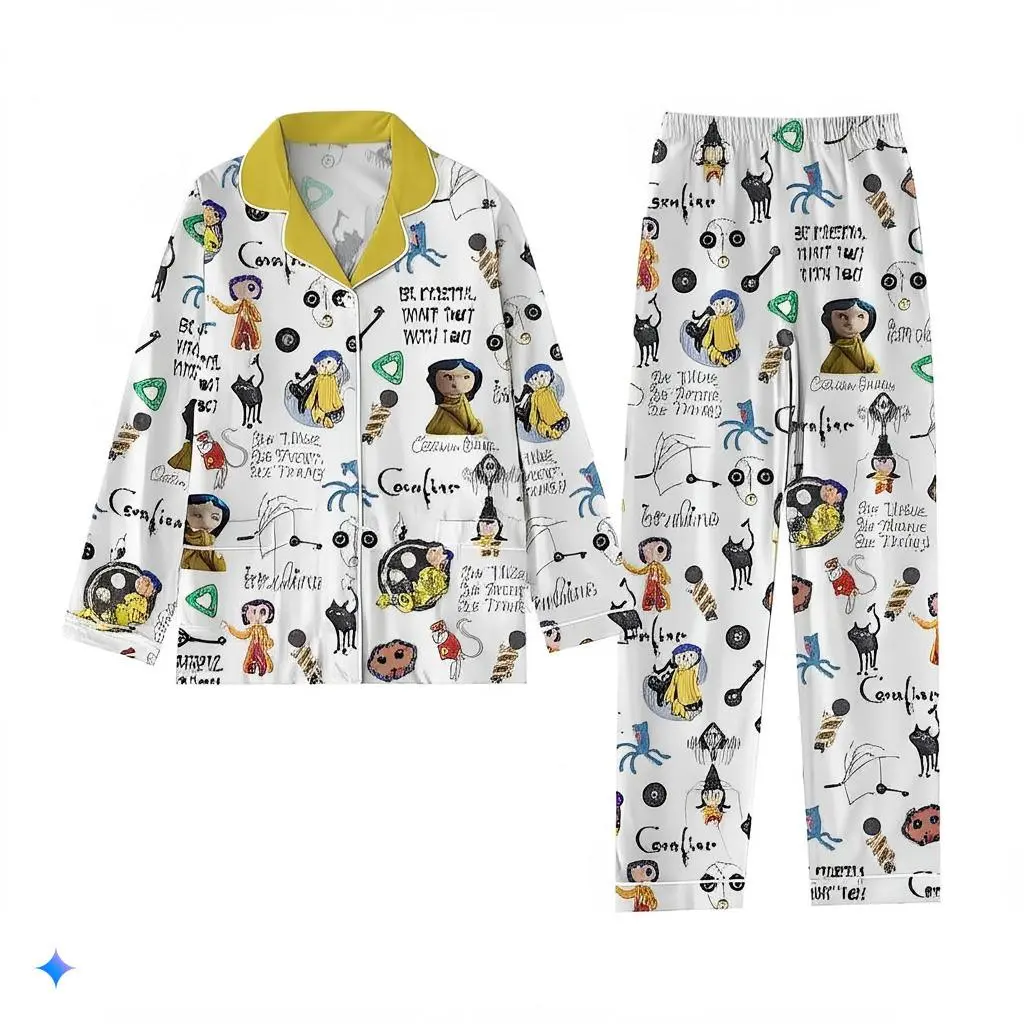 Coraline Pajamas Set, Spooky Movie Holiday Pajamas, Button Eyes Coraline Pjs, Coraline Doll Shirt, Horror Characters Pajamas For Women Men