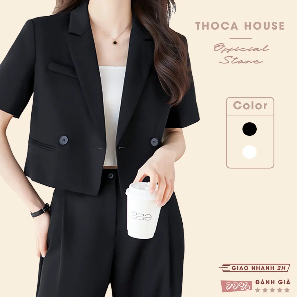 Áo vest croptop dáng ngắn trơn nút THOCA HOUSE blazer khoác vest thanh lịch, sang trọng Nữ Jacket Women Áo Khoác Nữ Jacket