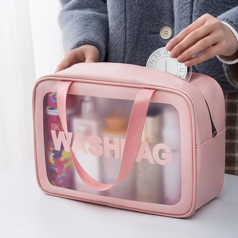 PU Frosted Waterproof Cosmetic Bag Large Capacity High Value Portable Female Hand-held Cosmetic Storage Bag Wash Bag
