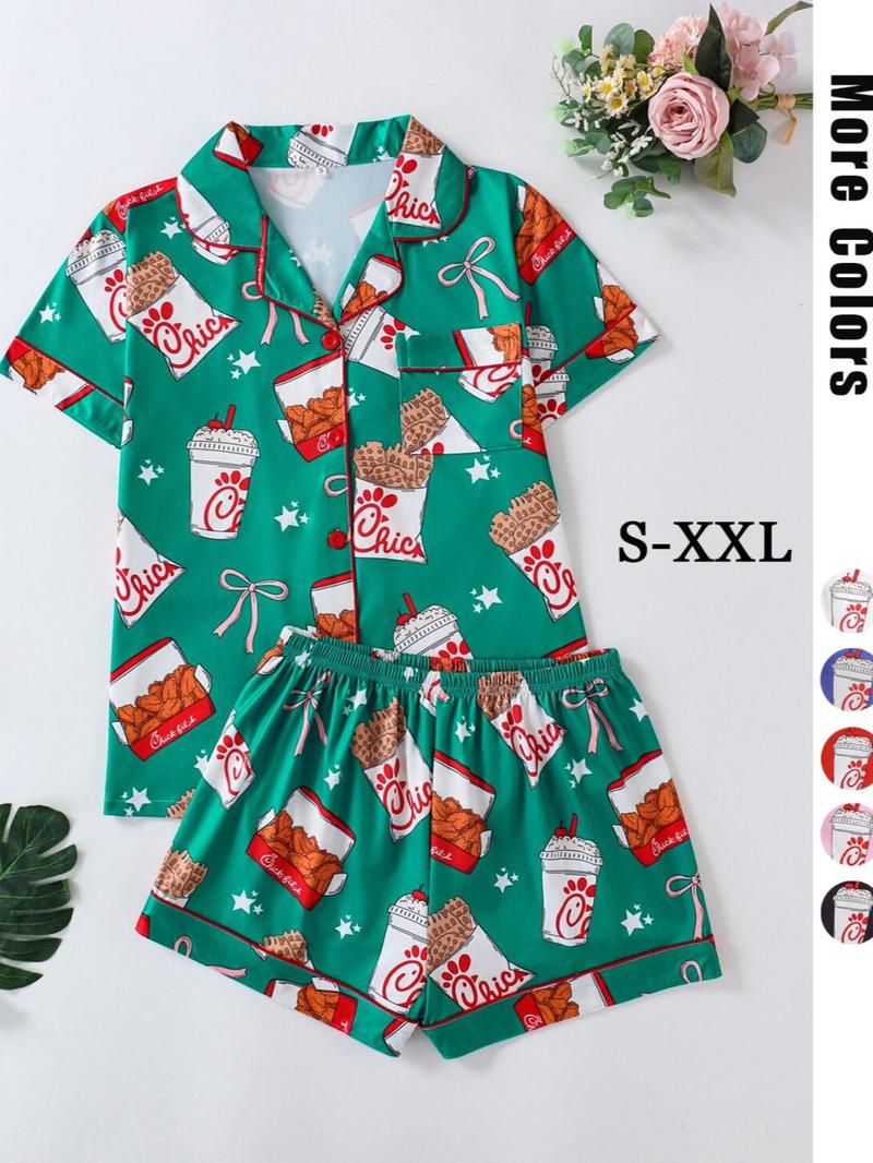 Product Introduction of Women's Fried Chicken Print Shirt & Shorts Pyjama Two-piece Set, Casual Comfy Short Sleeve Collared Top & Shorts Pj Set, Ladies Sleepwear for All Seasons, Pyjamas for Women 4