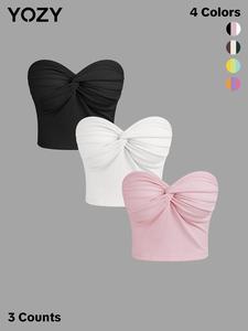 YOZY 3 Counts Twist Design Tube Top, Casual Sleeveless Ribbed Top, Ultra Crop Top, 2024 Women's Daily Wear for Summer