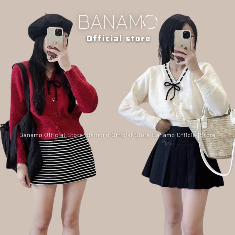 Áo nữ Banamo Fashion áo len cổ V kèm dây thắt nơ bo eo điệu đà phong cách Hàn Quốc 3441 Top Women