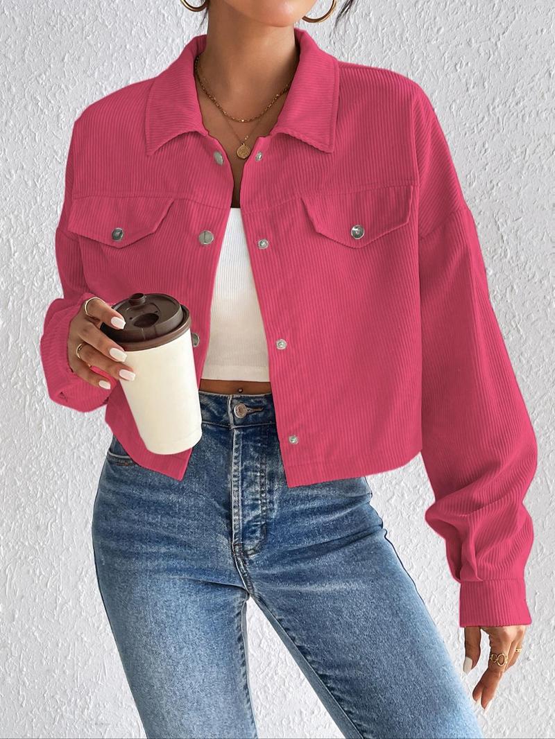 Product Introduction of [2025]Women's Plain Button Front Collared Long Sleeve Jacket, Y2k Clothes, Casual Drop Shoulder Pocket Corduroy Jacket, Shacket Coat for Fall & Winter, Jacket for Women Back To School, Holiday Outfits, Coats for Women, School Essentials 4