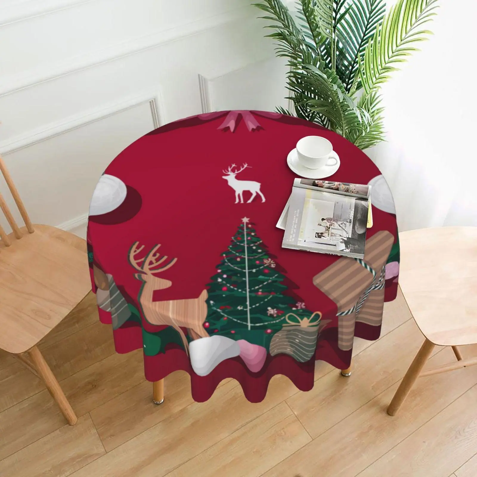 Christmas Themed Tablecloth, 1 Count Christmas Elk Round Tablecloth, Holiday Tabletop Decoration Fabric Tablecloth, Home Decoration
