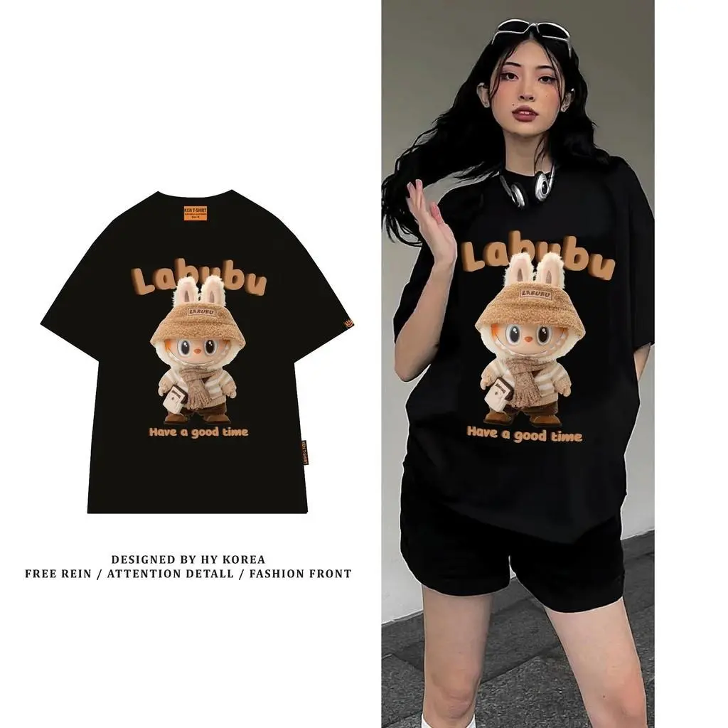 Áo thun nữ HY KOREA Gấu Labubu đeo túi 1659 tay lỡ cotton 75 form rộng phong cách coquette