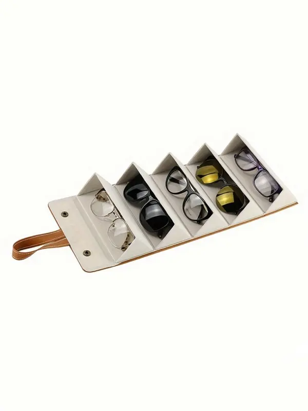 Simple 5 Slot Brown Sunglasses Storage Organizer, Trendy Foldable Travel Case with Multiple Glasses Hanging Hole, Portable Eyewear Display Box for Travel, Travel Essentials 2