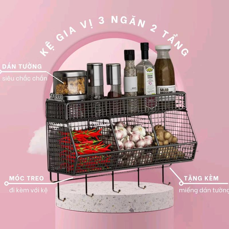 Kệ Bếp 3 Ngăn 2 Tầng Dán Tường Siêu Chắc Có Móc Treo (Kèm 2 Miếng Dán) - Kitchen Treo Tường