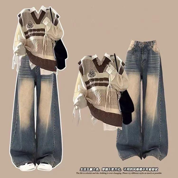 Product Introduction of Trang Phục Dopamine, Bộ Đồ Hai Mảnh, Phong Cách Hàn Quốc, Áo Vest Màu Tương Phản Phong Cách Preppy Mới Thu / Đông Cho Nữ, Áo Sơ Mi Buộc Dây Women Top 5