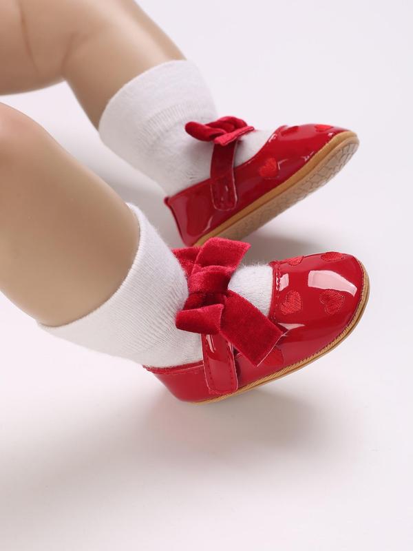 Baby's Cute Bowknot & Heart Design Flat Shoes, Fashionable Solid Color Mary Jane Flats for Newborn Infant Toddler, Casual Comfortable Shoes for Indoor & Outdoor Wear 1