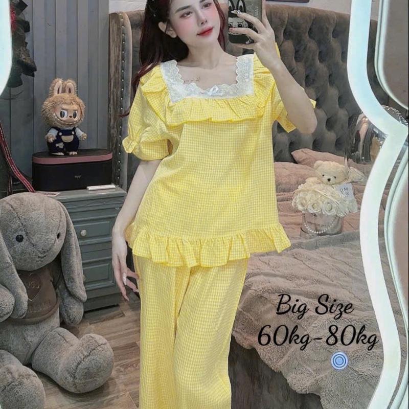 Bigsize 50/75 kg đũi sọc caro tiểu thư cổ vuông viền ren mặc nhà thoáng mát Women Nữ 8