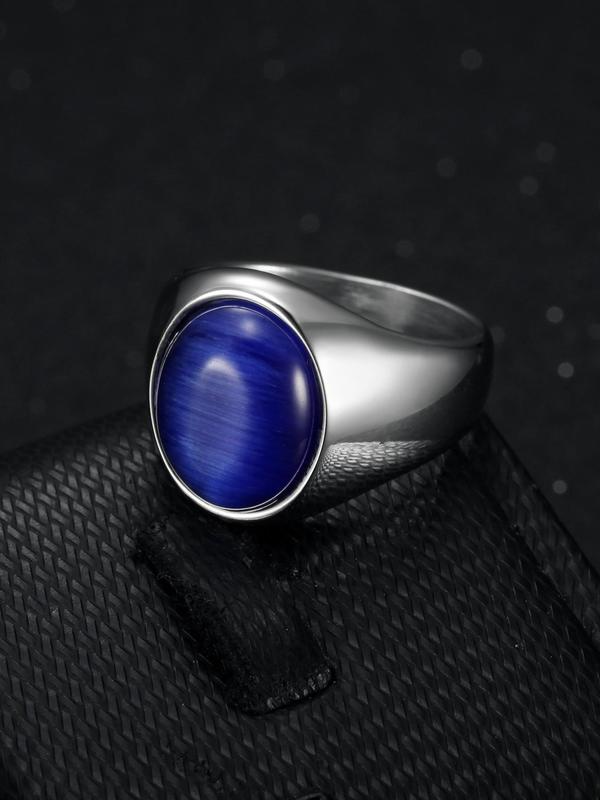 Simple Round Shaped Artificial Gemstone Decor Stainless Steel Ring, Punk Men's Stainless Steel Multi Size Ring, Party Accessories 7