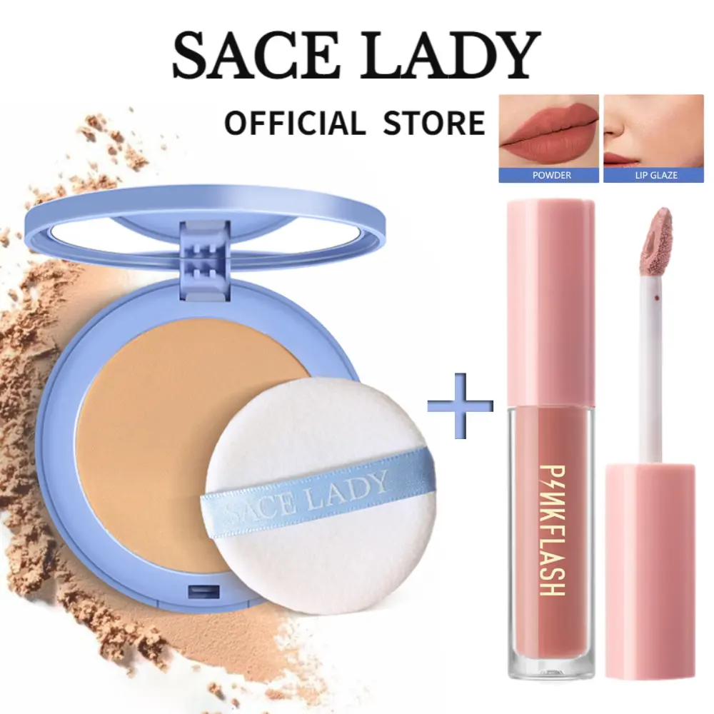 Phấn Phủ, SACE LADY, Kiềm Dầu, Che Phủ Hoàn Toàn, Phấn Phủ Dạng Nén Đệm, Son Môi Lì Nhung Không Thấm Nước, Bộ 2 Món, Bán Chạy, Thích Hợp Cho Khuôn Mặt, [CHÍNH HÃNG]