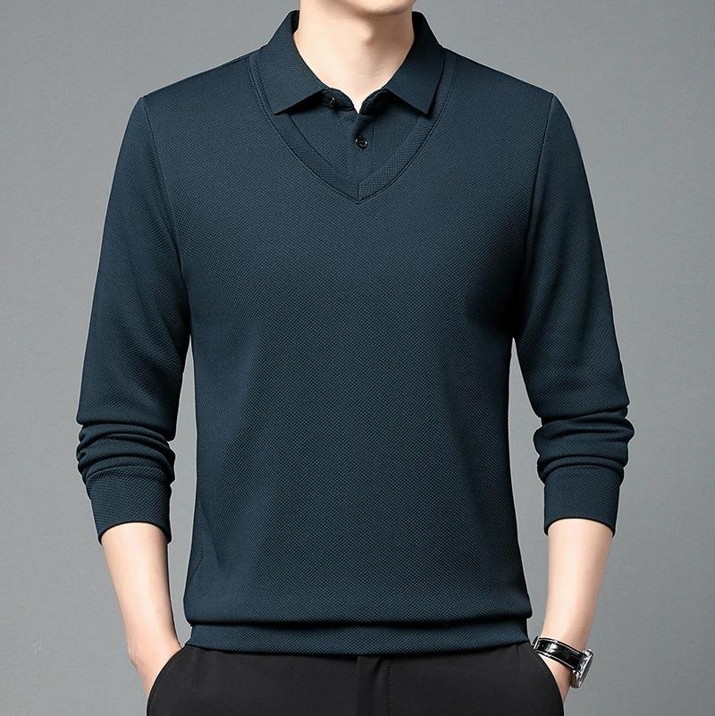 Product Introduction of Men'S Long Arm Polo Shirt Korean-Style Fake Two-Piece Business Men'S Casual Fashion Long-Sleeved Solid Color Lapel Shirts Comfortable All-Match Top For All Seasons Menswear Lingerie 18