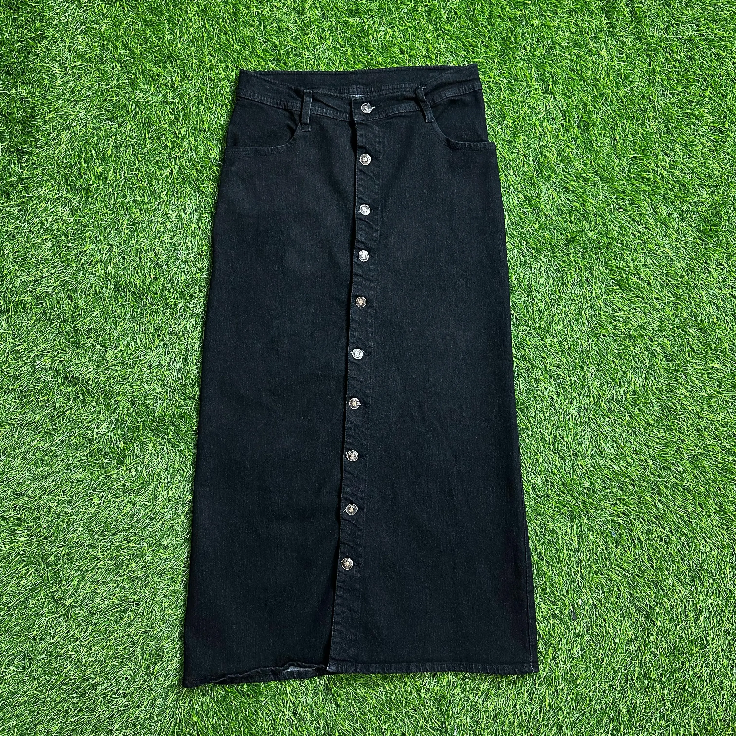 rok jeans panjang full kancing