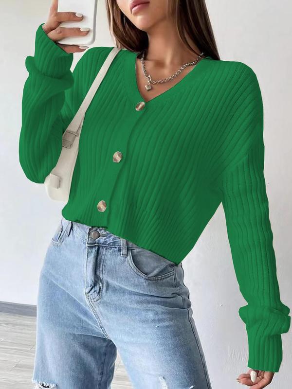 Women's Plain Button Front Drop Shoulder Cardigan, Casual Solid Long Sleeve V Neck Knitwear for Fall & Winter, Women's Clothing for Daily Wear, Workwear for Women, Go Out Tops, Womenswear 6