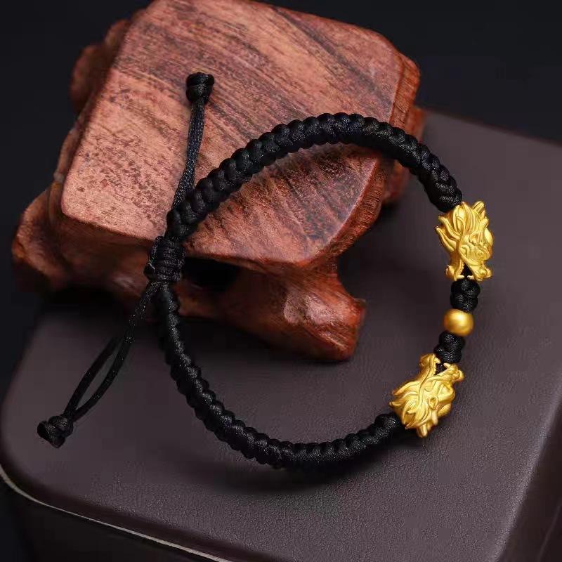 Product Introduction of Boy Meets Girl Bracelet Men's Domineering Zodiac Year Black Rope Woven Bracelet Brass Gold-Plated Faucet Bracelet 12