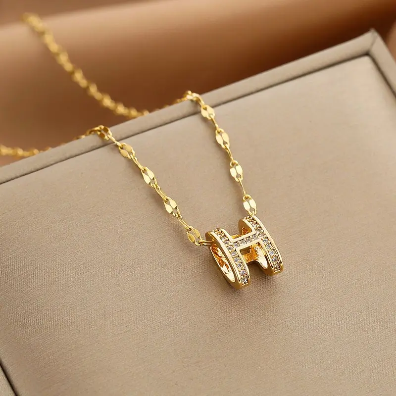 Western Style Titanium Steel Lucky H Beaded Letter-Printing Necklace Lock Light Luxury All-Match Necklace for Women