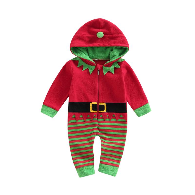 Product Introduction of Baby Christmas Romper Stripe Patchwork Hooded Winter Jumpsuits 2