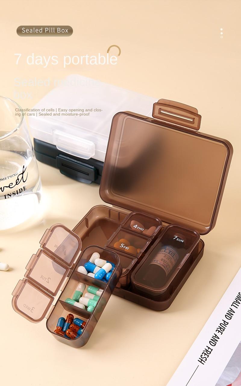 Product Introduction of 7-compartment medicine box set, portable portable travel pill storage box, 7-day storage small medicine box 0