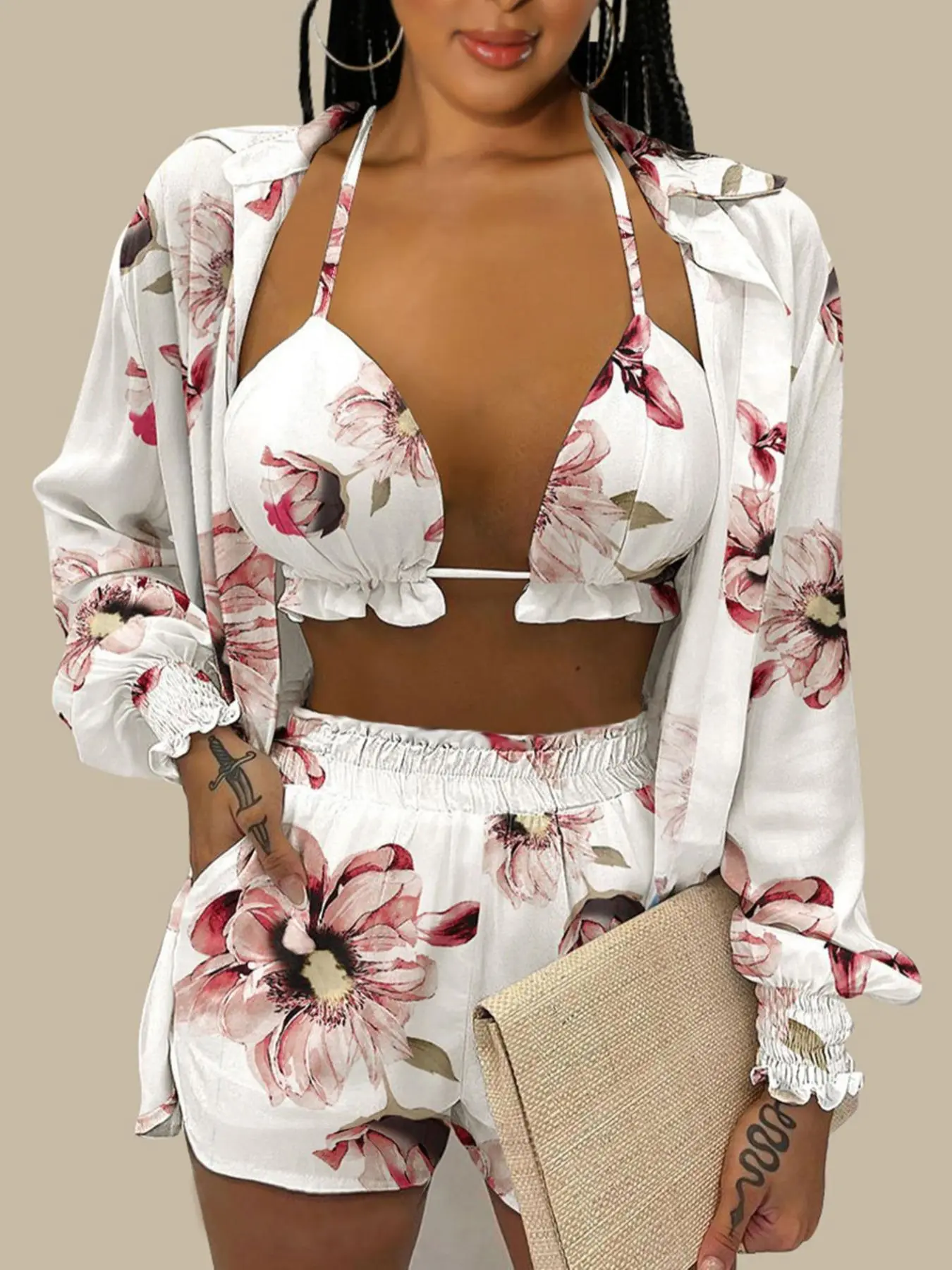 Three-Piece Set Women's Floral Print Frill Trim Halter Top & Shirred Shirt & High Waist Shorts Set, Drop Shoulder Long Sleeve Blouse Top & Boho Shorts & Crop Cami Top for Beach Holiday Vacation, Ladies Summer Clothes