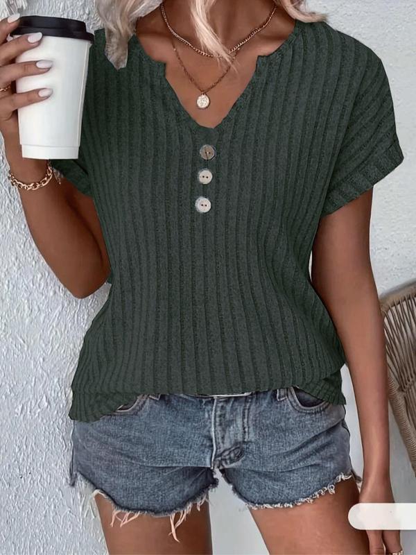 Women's Plain Button Decor Notched Neck Tee, Elegant Casual Fashion Short Sleeve Ribbed T-shirt for Summer, Ladies Clothes for Daily Wear, Womenswear 8