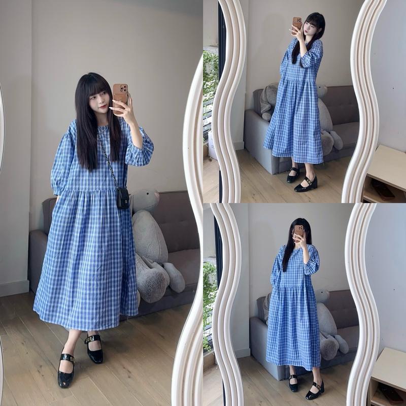 Váy babydoll kẻ xanh dáng rộng 75kg đổ lại ( ảnh by Ly )
