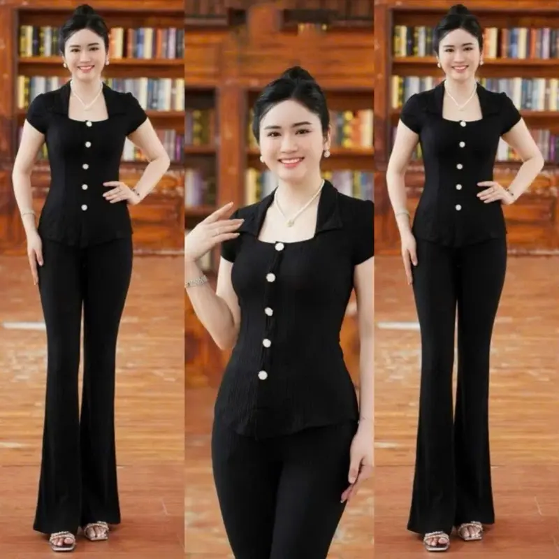 [H26] Sét Bộ Quần Dài Cổ Bẻ Áo Cài Nút- chất liệu thun xốp nhật có size từ 40-74kg