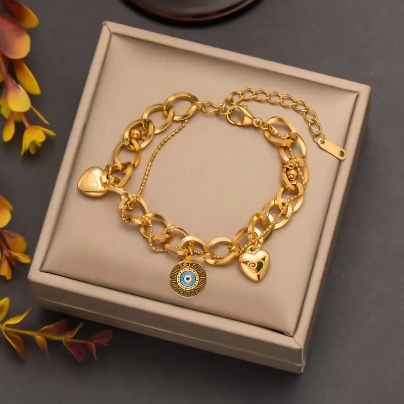 Elegant Golden-Tone Stainless Steel Bracelet with Heart Charms & Evil Eye Pendant - Vintage-Inspired, Design Perfect for Daily Wear & Gifting, Charm Bracelet 1