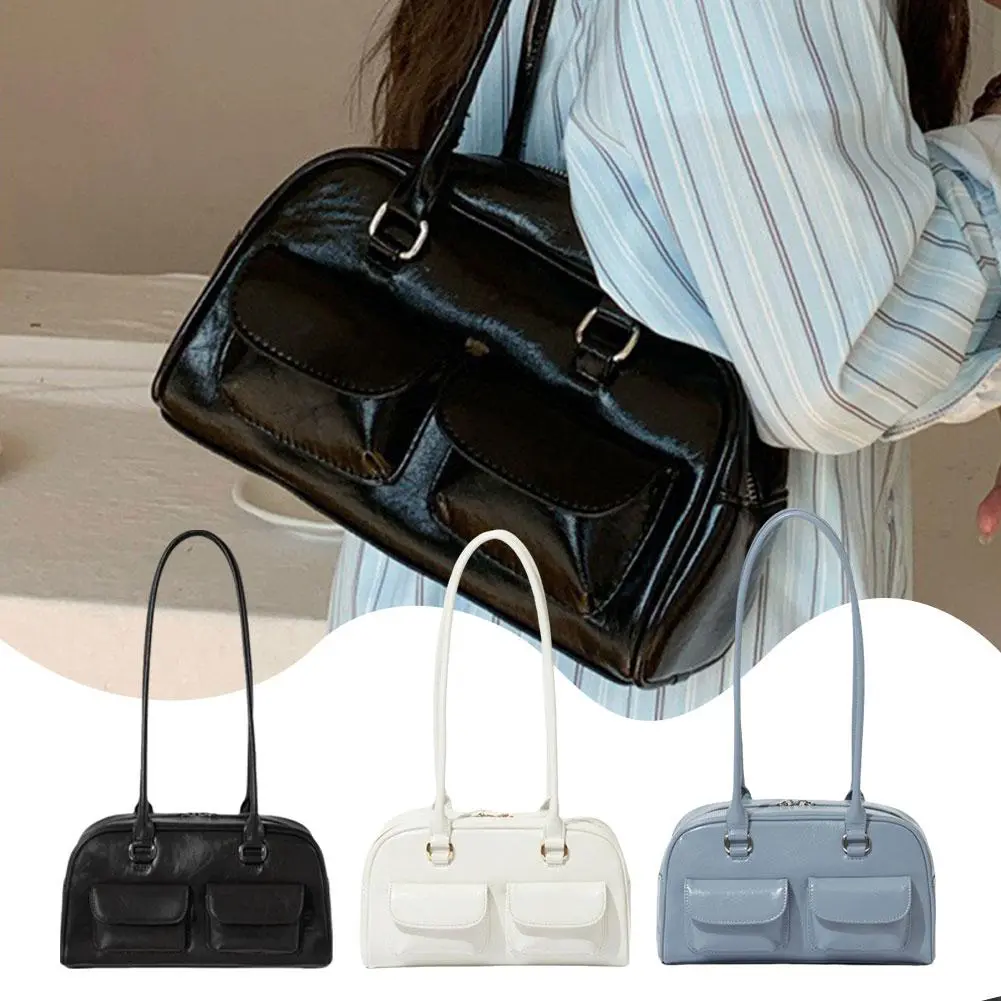 Oil Waxed Leather Bowling Bag Multi-Pocket Armpit Bag Commuter Tote Shoulder Bag Bags