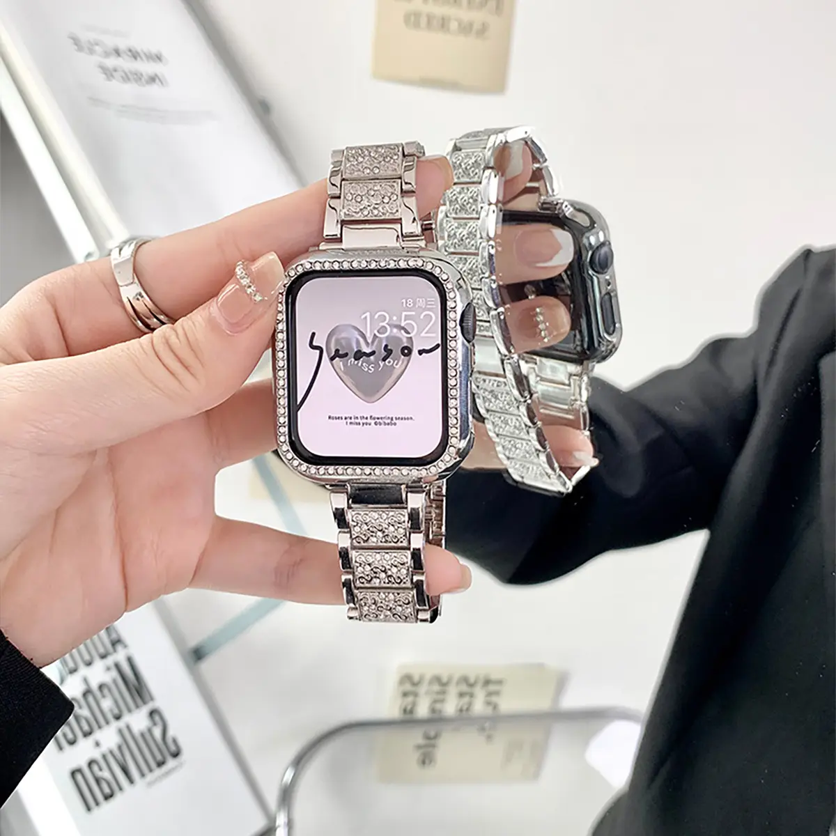 Bling Diamond Strap + case for iWatch Band ultra S10 42/46mm 49mm 40mm 45mm 44mm 41mm 42mm 38mm Women Metal Bracelet belt for smartwatch Series 9 8 7 SE 6 5 4 3  Silver Strap Accessory Wearable
