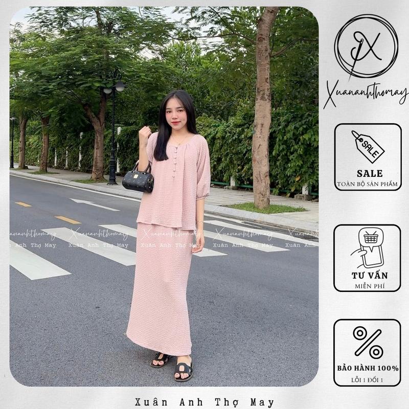 Set áo + chân váy cúc bọc tay lỡ - Xuananhthomay