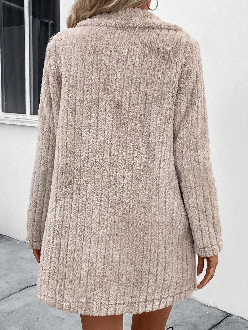 Product Introduction of Women's Solid Color Double Button Pocket Fuzzy Coat, Casual Long Sleeve Lapel Neck Outerwear for Fall & Winter, Women's Clothing for Daily Wear 2