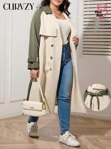 CURVZY Plus Size Women's Colorblock Double Button Belted Trench Coat, Casual Raglan Sleeve Lapel Neckline Coat for Fall & Winter, Women's Clothing for Daily Wear