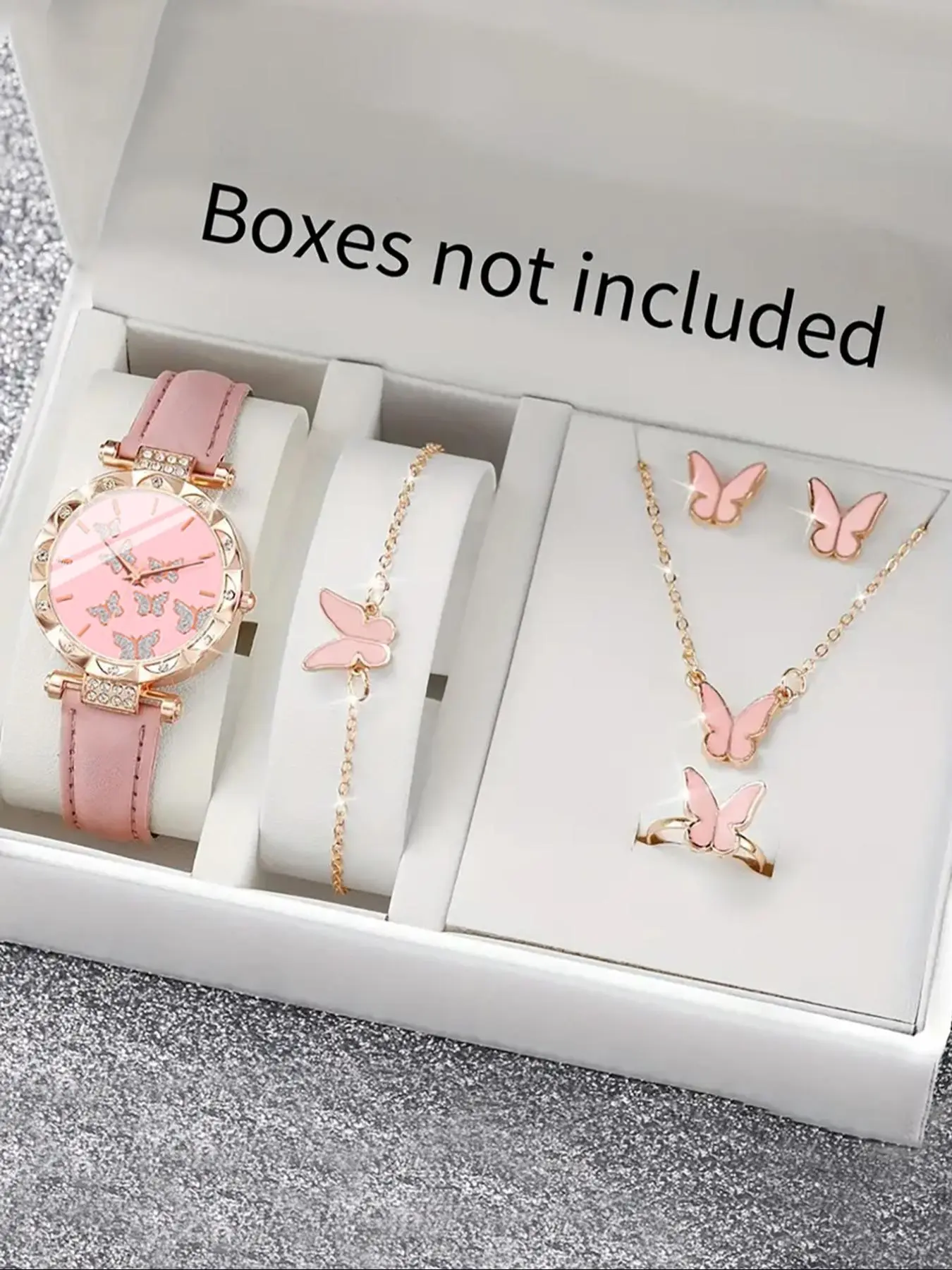 Women's Elegant Butterfly Design Quartz Watch & Jewelry Set, Including Round Dial Watch & Bracelet & Necklace & Ring & Earrings, Fashion Watch Set for Women As Gift, without Box