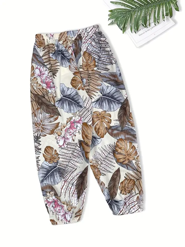 Women's Plants Print Elastic Waist Harem Pants, Fashion Casual Printed Trousers For Women, Ladies Bottoms For Summer, Comfort PJ Clothing for Homewear 4