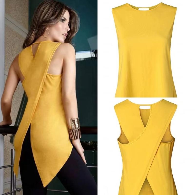 Product Introduction of Áo Thun Hở Eo Chéo Lưng Bất Đối Xứng Phong Cách Âu Mỹ Áo Không Tay Gợi Cảm, Màu Trơn Cổ Tròn, Xu Hướng Năm 2024 1