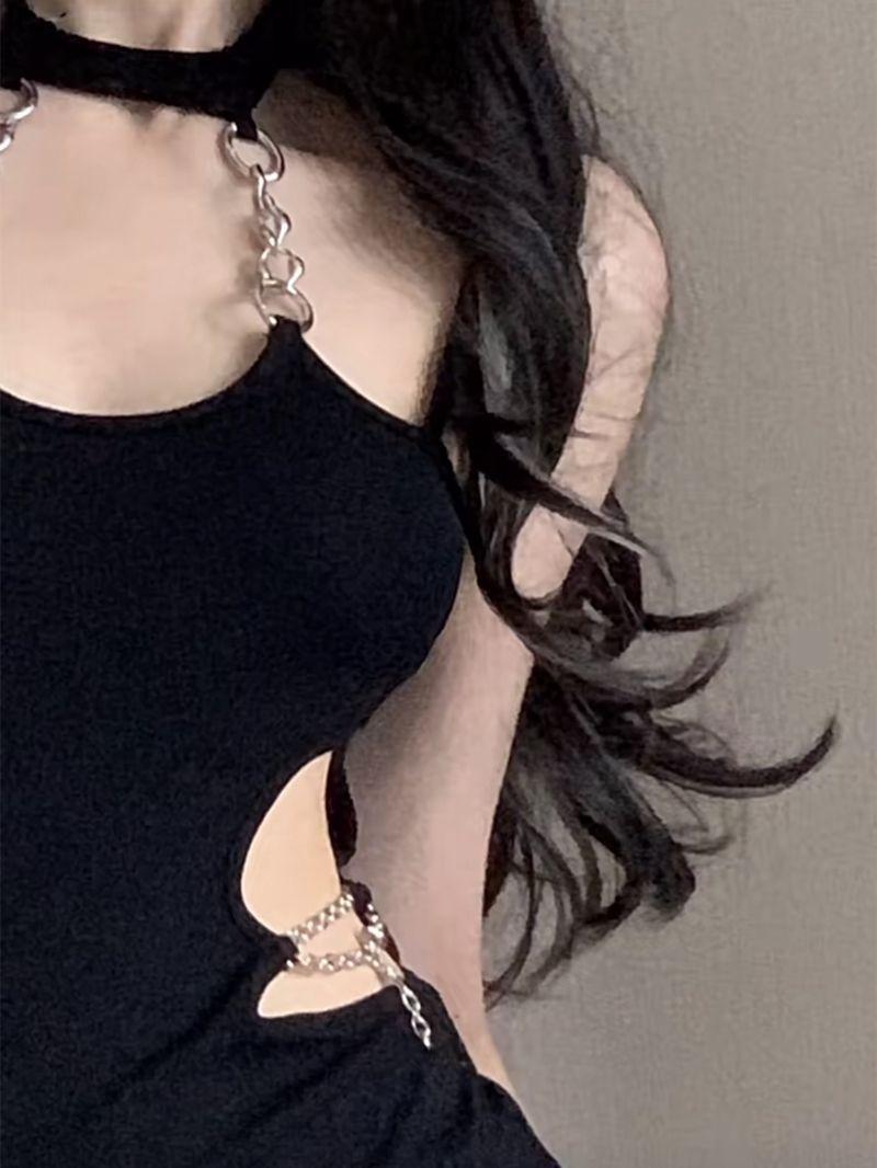 Product Introduction of Váy Dây Đeo Spaghetti Dây Đeo Cổ Yếm Màu Đen Xỏ Dây Thiết Kế Cô Gái Nóng Bỏng, Váy Bodycon Nữ Mùa Hè, Gợi Cảm Và Hở Lưng, Thích Hợp Cho Bộ Sưu Tập Năm 2025 [5907 Người] 8